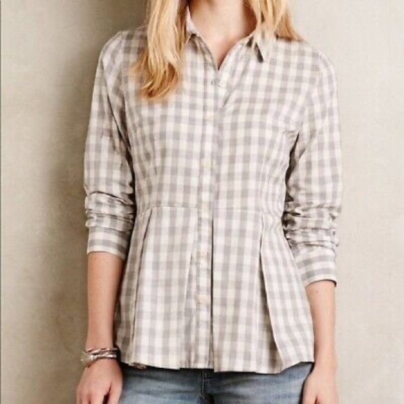 Anthropologie 11-1 Thylo Gray Gingham Plaid Peplum Top Medium - Picture 1 of 9